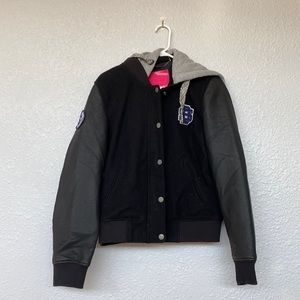 Superdry LeatherLike Women’s Varsity Jacket size L, hood removeable